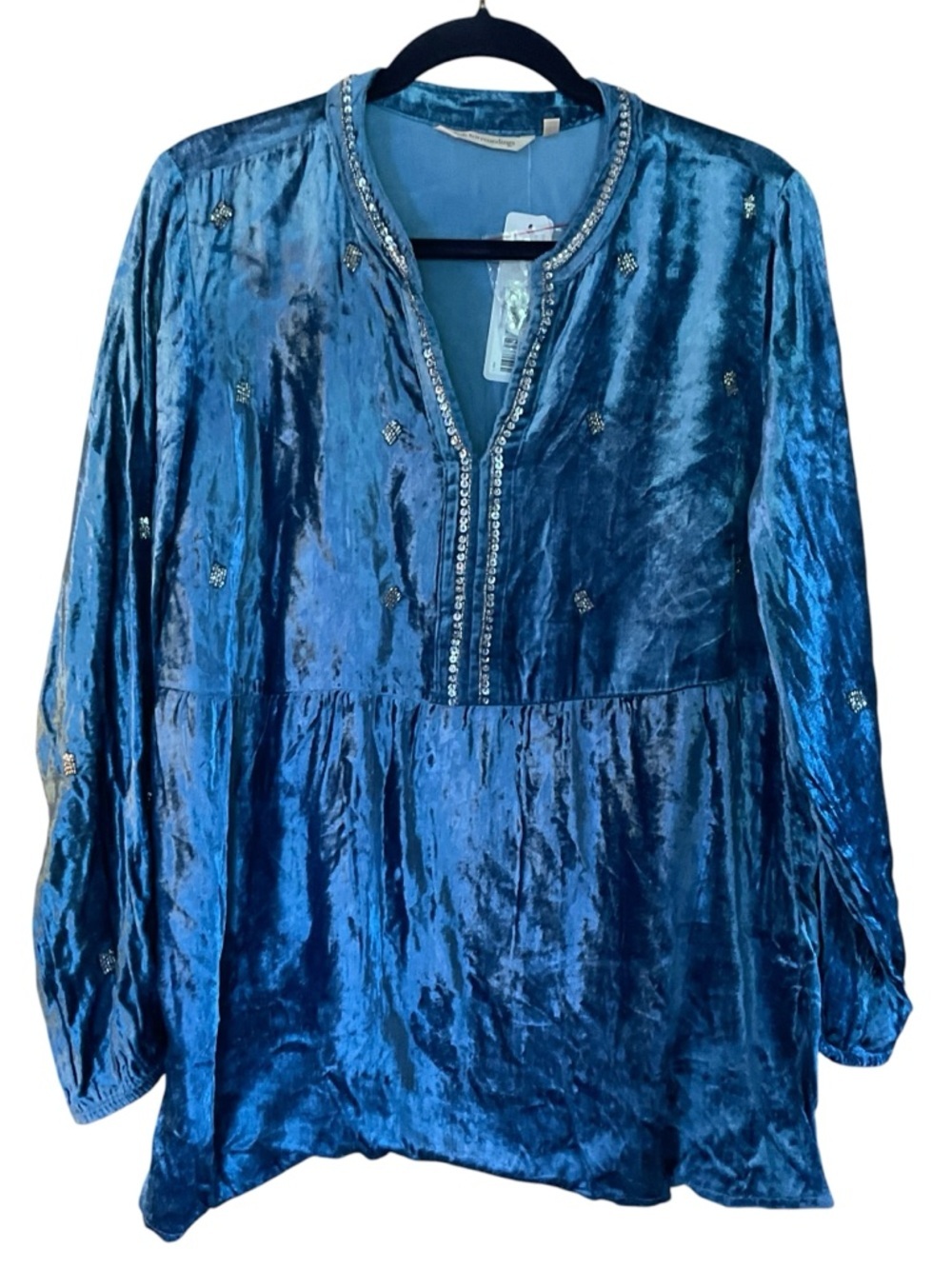Soft Surroundings Blue Velvet Embellished Tunic Top Boho Luxe NWT Size L